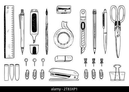 Matite Doodle. Penna e matita disegnate a mano, strumenti di cancelleria per la scuola e l'ufficio, pennello artistico, nastro adesivo e forbici o evidenziatore Illustrazione Vettoriale