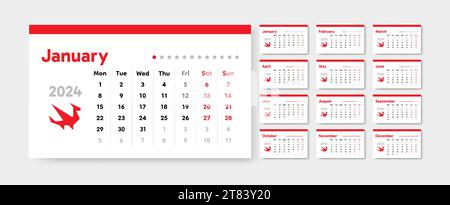 Calendario russo 2024. Griglia data lunedì. Desk planner orizzontale. Pianificazione annuale aziendale per settimane. Semplice drago rosso. Fogli di carta Organizer. Moderno Illustrazione Vettoriale