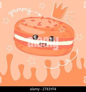 Poster in macaron. Delizioso dolce biscotto. Carattere alimentare dei cartoni animati. Faccia sorridente. Buona torta. Dolce carino. Pasticceria Kawaii. Principessa corona e stelle. O Illustrazione Vettoriale