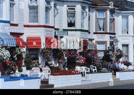 Coloratissimi cesti di fiori appesi lungo una fila di pensioni. Trafalgar Road, Great Yarmouth, Norfolk, Inghilterra, Regno Unito Foto Stock