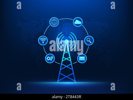 Tecnologia delle telecomunicazioni Torre di trasmissione di fronte alla mappa mondiale con icone tecnologiche rappresenta lo sviluppo delle comunicazioni avanzate Illustrazione Vettoriale