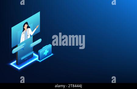 Tecnologia sanitaria lo schermo dello smartphone mostra un'immagine di un medico con il testo riportato di seguito. telemedicine media si tratta di un trattamento iniziale per i pazienti Illustrazione Vettoriale