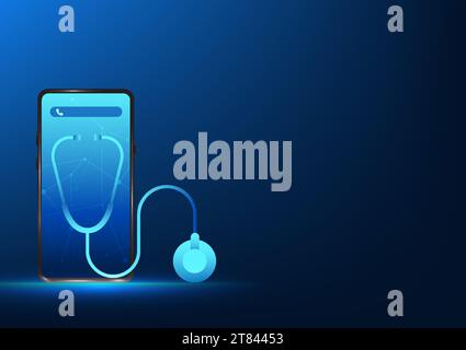 Tecnologia sanitaria, smartphone che visualizza stetoscopio con icona di chiamata, telemedicina tramite telefono cellulare è un modo per parlare e consultare un medico f Illustrazione Vettoriale