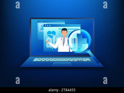 Tecnologia sanitaria lo schermo del computer mostra l'immagine di un medico con una lente di ingrandimento davanti ad esso. La telemedicina, attraverso un portatile, è il primar Illustrazione Vettoriale