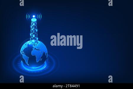 Tecnologia delle telecomunicazioni, torretta di segnalazione posta sul globo con cerchi tecnologici rappresenta lo sviluppo di reti di comunicazione avanzate Illustrazione Vettoriale