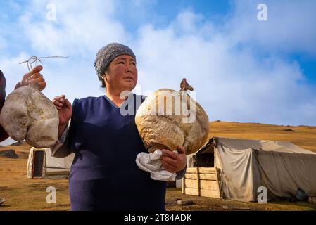 Donna del posto che vende Kashik a base di yogurt teso, latte buttermilk sgocciolato (in particolare qatiq sgocciolato) o latte acido sgocciolato modellandolo e lasciandolo Foto Stock