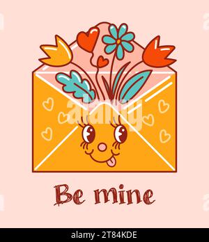 Buon San Valentino. Personaggio nel vecchio stile dei cartoni animati retrò. Lettera di congratulazioni, busta con fiori. Nota d'amore. Per adesivi, poster, cartoline, Illustrazione Vettoriale