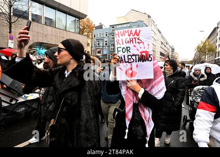 Duesseldorf, Germania. 18 novembre 2023. I manifestanti marciano attraverso la città per protestare contro la guerra nella Striscia di Gaza - una donna porta un cartello con la scritta "diritti umani per i palestinesi”. Crediti: Roberto Pfeil/dpa/Alamy Live News Foto Stock