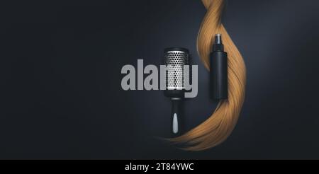 Capelli lunghi biondi, spazzola rotonda per acconciare i capelli con spray per la cura dei capelli. Sfondo nero. Strumenti per capelli, bellezza e concetto di parrucchiere. Foto Stock