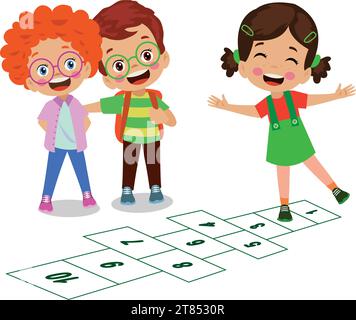 carino bambini felici giocando hopscotch Illustrazione Vettoriale