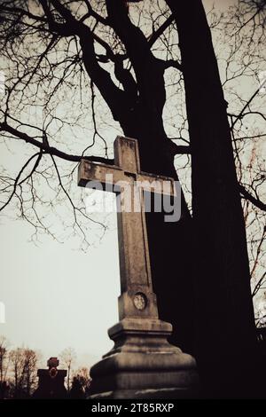 Una cupa croce di pietra tombale si erge in un cimitero ricoperto di alti alberi al crepuscolo di sera. Orrore. Religione. Tristezza e dolore. Notte al t Foto Stock