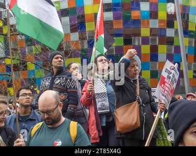 Lewisham, Londra, Regno Unito. 18 novembre 23. Diverse migliaia di persone alla manifestazione fuori dal Glass Mills Leisure Centre alla fine di una marcia in una delle tante proteste locali in tutto il Regno Unito in solidarietà con la Palestina che chiede un immediato cessate il fuoco e condanna i parlamentari, tra cui il deputato locale Vicky Foxcroft, che questa settimana ha votato contro un cessate il fuoco. C'era una certa incredulità quando la polizia arrestò una giovane donna per un cartello che aveva con sé. Peter Marshall/Alamy Live News Foto Stock