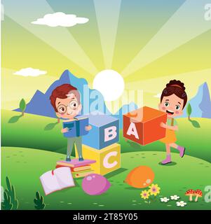 Illustrazione vettoriale di bambini carini con blocchi ABC, lettere abc Illustrazione Vettoriale