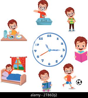 Programma giornaliero dei bambini, attività di routine dei ragazzi piccoli.  Orologio faccia ragazzo sonno e sveglia programma isolato vettore  illustrazione. Routine quotidiana dei bambini Immagine e Vettoriale - Alamy