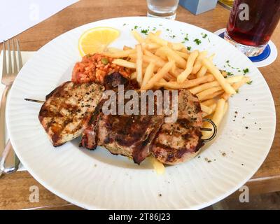 Grillspieß mit Pute, Rind, Lamm und Schwein mit Pommes frites und Reis Foto Stock