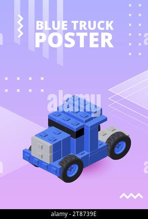 Poster con un camion blu in stile isometrico per la stampa e il design. Illustrazione vettoriale. Illustrazione Vettoriale