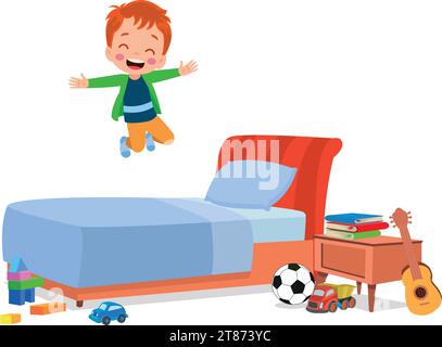 felice e carino bambino salta sul letto Illustrazione Vettoriale