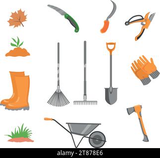 Set da giardinaggio. Utensili, cassetta di legno, guanti da giardino, stivali in gomma, annaffiatoio, tag, mano umana, terreno, forbici, vaso di piante isolato. Floristeria e garde Illustrazione Vettoriale