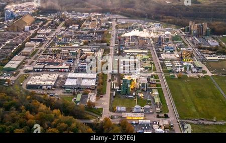 Luftbild, Chemiewerk Bayer AG, Pharmaunternehmen zur Herstellung pharmazeutischer Wirkstoffe, Industrieanlagen, umgeben von herbstlichen Laubbäumen, Bergkamen, Ruhrgebiet, Nordrhein-Westfalen, Deutschland ACHTUNGxMINDESTHONORARx60xEURO *** Imago/Alamy Live News Foto Stock