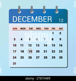 19 dicembre. Calendario a icone piatte isolato su sfondo blu. Illustrazione del vettore di data e mese Illustrazione Vettoriale