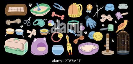 Forniture per animali domestici. Raccolta di forniture per animali. Cuscino per dormire, giocattolo da masticare, medaglia, forbici, tagliacunghie, spazzola, rimuovi pellicce, acquario, porta zaino Illustrazione Vettoriale