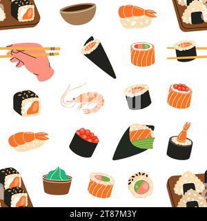 Sushi e involtini. Sfondo sushi senza cuciture. Tobiko maki, philadelphia roll, onigiri, Shrimp nigiri, futomaki, sake temaki, ciotola di soia, vasabi. Illustrazione Vettoriale