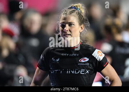 Lotte Clapp (co-capitano) delle Saracens Women alla fine del Womens Allianz Premier 15s match tra Saracens Women e Loughborough Lightining allo Stonex Stadium di Londra, il 18 novembre 2023. Foto di Phil Hutchinson. Solo per uso editoriale, licenza necessaria per uso commerciale. Nessun utilizzo in scommesse, giochi o pubblicazioni di un singolo club/campionato/giocatore. Credito: UK Sports Pics Ltd/Alamy Live News Foto Stock