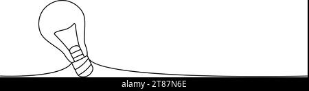 Lampadina, pensiero creativo, la scuola fornisce un disegno continuo a una linea. Ritorno a scuola illustrazione continua a una riga. Illustrazione Vettoriale