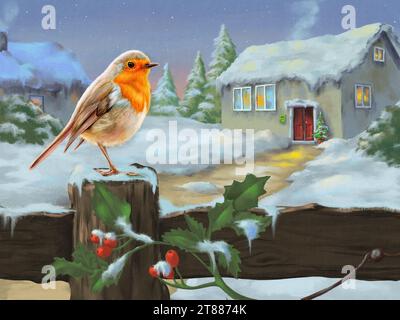 Paesaggio invernale innevato con un robin europeo arroccato su un palo di legno. Pittura digitale. Foto Stock