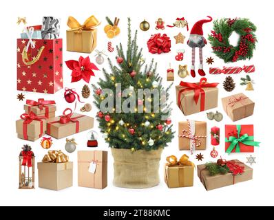Materiale per festeggiare il Natale isolato su bianco, collezione Foto Stock