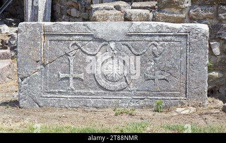 Le antiche rovine di Stobi nella Macedonia del Nord sono note per il suo mosaico ben conservato Foto Stock