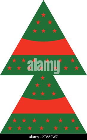 Albero di Natale con ornamenti rossi e verdi e stelle rosse. Per i disegni natalizi. Illustrazione Vettoriale