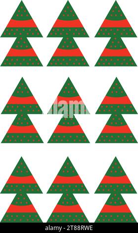 Albero di Natale con ornamenti rossi e verdi e stelle rosse. Per i disegni natalizi. Illustrazione Vettoriale