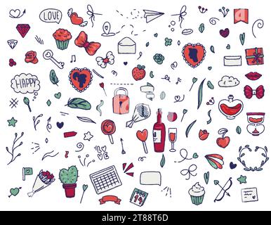 doodle ambientato nel colore di san valentino. Illustrazioni per le festività, set vettoriale grande. Illustrazione Vettoriale