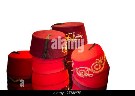 fez rosso con nappina nera. Abbigliamento nazionale turco. Headdress tradizionale del feltro Foto Stock