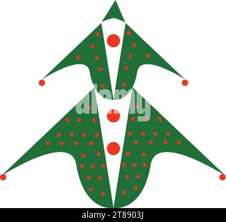 Un albero di Natale verde astratto decorato con stelle e cerchi rossi. Per il design natalizio. Illustrazione Vettoriale