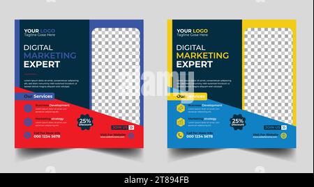 Modello di progettazione banner marketing digitale. Modello di post sui social media per il marketing aziendale digitale. Modello per la progettazione di banner per social media. POS. Social media Illustrazione Vettoriale