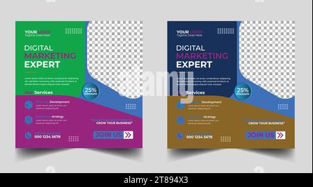 Modello di progettazione banner marketing digitale. Modello di post sui social media per il marketing aziendale digitale. Modello per la progettazione di banner per social media. POS. Social media Illustrazione Vettoriale
