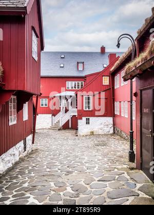 Edifici di stile tradizionale, con alcuni tetti in erba, a Tinganes, la zona della città vecchia di Torshavn, capitale delle Isole Faroe. Foto Stock