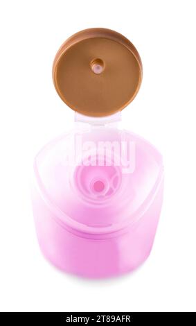 Shampoo Open Bottle su sfondo bianco. Vista dall'alto Foto Stock