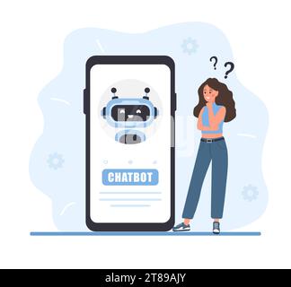Concetto di chatbot. Donna che parla con il robot. Assistente AI. Ragazza che fa domande e riceve risposte. Assistenza clienti online. Intelligenza artificiale Illustrazione Vettoriale