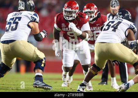 18 novembre 2023: Il defensive lineman del Razorback Taurean Carter #9 esce dalla linea mentre il pallone viene spezzato. Arkansas ha sconfitto Florida International 44-20 a Fayetteville, Arkansas. Richey Miller/CSM Foto Stock