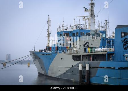 PRODUZIONE - 18 novembre 2023, Brema: La nave da campagna della Captain Paul Watson Foundation John Paul DeJoria è ormeggiata nel porto di Brema. La nave appartiene alla neonata Captain Paul Watson Foundation Germania, con sede a Delmenhorst, e visiterà Brema il 18 e 19 gennaio. Le parti interessate possono visitare la nave della campagna e parlare con gli attivisti. L'organizzazione internazionale per la conservazione marina Captain Paul Watson Foundation ha istituito una filiale tedesca. Secondo l'organizzazione, la Fondazione Captain Paul Watson ha sede a Delmenhorst in bassa Sassonia. Foto: FO Foto Stock