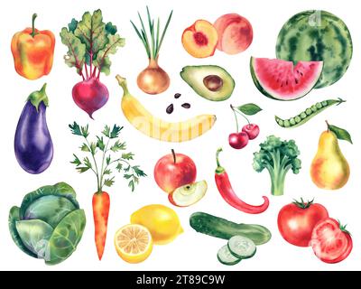 Un set di verdure e frutta. Illustrazione acquerello. Limone, ciliegia, cocomero, mela, pera, cavolo, melanzane, carota, cipolla, pepe, barbabietola, p Foto Stock
