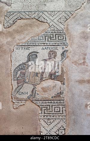 Mosaico di gladiatori divisi per arbitro, fine III secolo d.C., Casa dei gladiatori. Kourion. Foto Stock