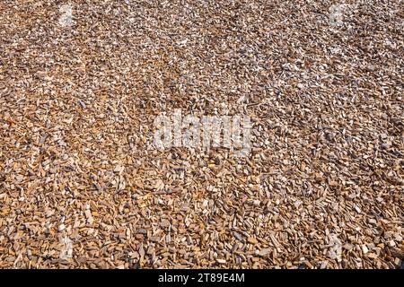 Trucioli di legno utilizzati come superficie morbida sicura per un parco giochi o contro le erbacce in giardino, pacciame di corteccia Foto Stock