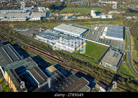 Veduta aerea, sviluppo della zona industriale di sinterizzazione di Westfalenhütte con Bergisch-Westerwälder Hartsteinwerke e le società di logistica Re Foto Stock