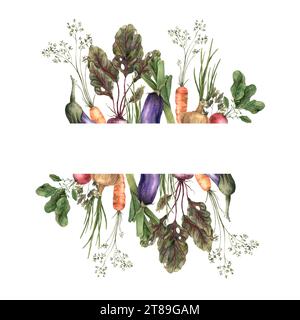 La cornice ad acquerello è incorniciata da verdure: Melanzane, carote, cipolle, arcobaleni, barbabietole, prezzemolo. Banner vegetariano dipinto a mano per menu ecologici Foto Stock