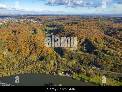 Vista aerea, Ardeygebirge con la cava di Wartenberg, ex Stenbruch Rauen, e foresta autunnale con alberi decidui nei colori autunnali, Annen, Witten, Ru Foto Stock