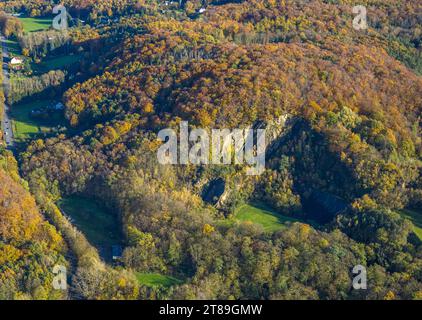 Vista aerea, Ardeygebirge con la cava di Wartenberg, ex Stenbruch Rauen, e foresta autunnale con alberi decidui nei colori autunnali, Annen, Witten, Ru Foto Stock